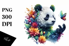 Abstract Panda with Plant Leaves and 3D Flowers, PNG Product Image 1