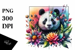 Abstract Panda with Plant Leaves and 3D Flowers, PNG Product Image 1