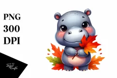 Cute Baby Hippo | Autumn Leaves | Whimsical Product Image 3