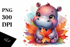 Cute Baby Hippo | Autumn Leaves | Whimsical Product Image 1