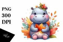 Cute Baby Hippo | Autumn Leaves | Whimsical Product Image 1