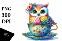 Whimsical Owl in Teacup Watercolor Clipart Product Image 3