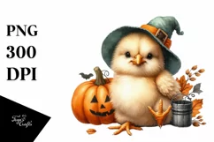 Cute Baby Chicken with Halloween Pumpkin, PNG Product Image 1