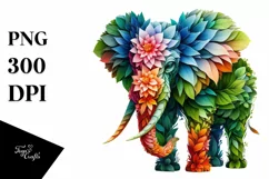 Vibrant Elephant with Plant Leaves and 3D Flowers, PNG Product Image 3