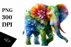 Vibrant Elephant with Plant Leaves and 3D Flowers, PNG Product Image 1