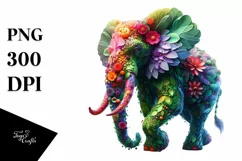 Vibrant Elephant with Plant Leaves and 3D Flowers, PNG Product Image 3