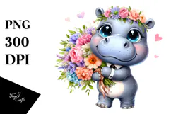 Cute Baby Hippo with Flower Bouquet, PNG Product Image 1