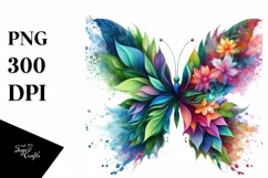 Vibrant Butterfly with Plant Leaves and 3D Flowers, PNG Product Image 3