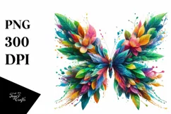Vibrant Butterfly with Plant Leaves and 3D Flowers, PNG Product Image 1