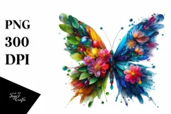 Vibrant Butterfly with Plant Leaves and 3D Flowers, PNG Product Image 1