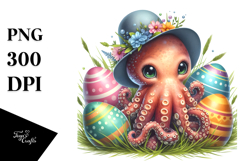 Adorned Baby Octopus in Grass with Easter Eggs PNG Product Image 1