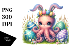 Adorned Baby Octopus in Grass with Easter Eggs PNG Product Image 1