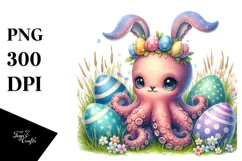 Adorned Baby Octopus in Grass with Easter Eggs PNG Product Image 1