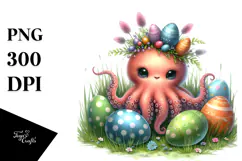 Adorned Baby Octopus in Grass with Easter Eggs PNG Product Image 1
