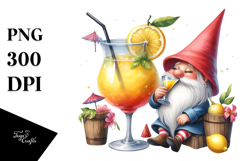 Whimsical Watercolor Painting with Gnome Drinking a Cocktail Product Image 1