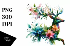 Abstract Deer with Plant Leaves and 3D Flowers, PNG Product Image 1