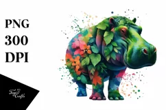 Abstract Hippo with Plant Leaves, PNG Product Image 1