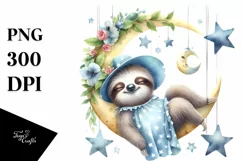 Whimsical Cute Baby Sloth Sleeping on Moon Clipart Product Image 1