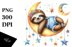 Whimsical Cute Baby Sloth Sleeping on Moon Clipart Product Image 1