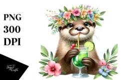 Young Otter Flower Wreath Cocktail Adorable | Clipart Product Image 1