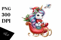 Cute Winter Unicorn Sitting on Sleigh PNG Product Image 1