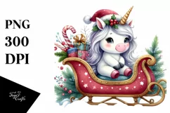 Cute Winter Unicorn Sitting on Sleigh PNG Product Image 1