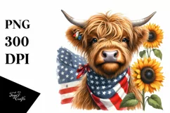 Watercolor Highland Cow USA Flag Product Image 3