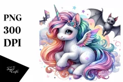 Colorful Baby Unicorn with Bat, Sublimation Clipart Product Image 1