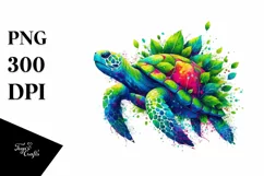 Abstract Vibrant Turtle with Plant Leaves, PNG Product Image 1