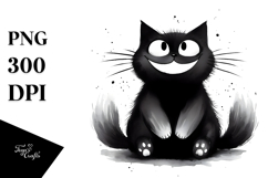 Funny Black Cat Washed Watercolor PNG Product Image 1