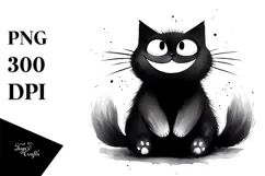 Funny Black Cat Washed Watercolor PNG Product Image 1