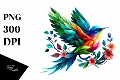Abstract Vibrant Bird with Plant Leaves and 3D Flowers, PNG Product Image 1