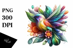 Abstract Vibrant Bird with Plant Leaves and 3D Flowers, PNG Product Image 1