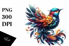 Abstract Vibrant Bird with Plant Leaves and 3D Flowers, PNG Product Image 3