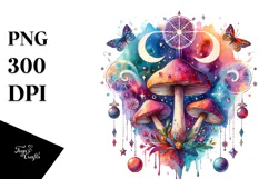 Vibrant Magical Celestial Mushroom Watercolor PNG Product Image 1