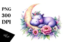 Vibrant Watercolor Hippo Sleeping on the Moon with Flowers Product Image 1