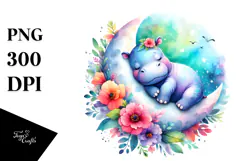 Vibrant Watercolor Hippo Sleeping on the Moon with Flowers Product Image 1