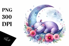 Vibrant Watercolor Hippo Sleeping on the Moon with Flowers Product Image 1