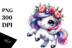 Cute Baby Unicorn with Floral Wreath, PNG Product Image 1