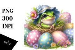 Digital Watercolor Cute Baby Frog Easter Eggs PNG Product Image 1