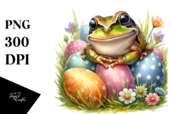 Digital Watercolor Cute Baby Frog Easter Eggs PNG Product Image 1