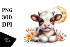 Smiling Highland Cow with Freesia PNG Product Image 1