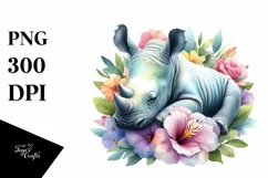 Colorful Baby Rhino Sleeping Flower | Sublimation | Clipart Product Image 1