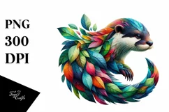 Abstract Vibrant Otter with Plant Leaves, PNG Product Image 3