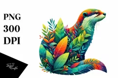 Abstract Vibrant Otter with Plant Leaves, PNG Product Image 1