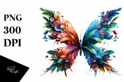 Abstract Vibrant Butterfly with Plant Leaves and 3D Flowers, Product Image 1