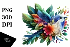 Abstract Vibrant Bird with Plant Leaves and 3D Flowers, PNG Product Image 3