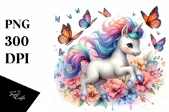 Colorful Pastel Image of Baby Unicorn Chasing Butterflies Product Image 1