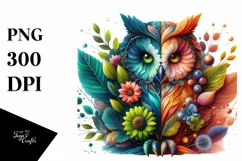 Abstract Vibrant Owl with Plant Leaves and 3D Flowers, PNG Product Image 3