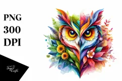 Abstract Vibrant Owl with Plant Leaves and 3D Flowers, PNG Product Image 1